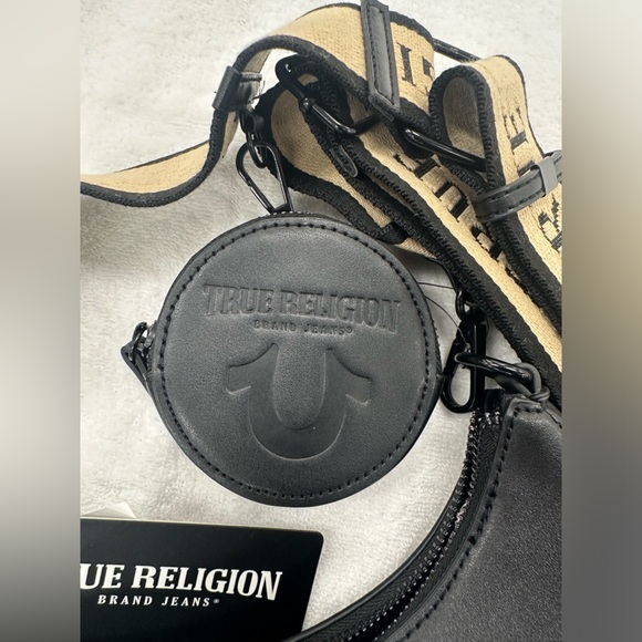 NWT True Religion Black w/Tan Guitar Strap, Coin/Airpod case clipped on Strap - Picture 5 of 7